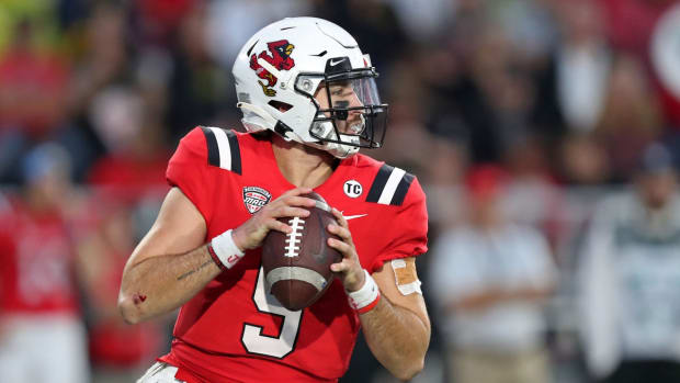Oct 2, 2021; Muncie, Indiana, USA; Ball State Cardinals quarterback Drew Plitt (9) looks to pass against the Army Black Knights during the second half at Scheumann Stadium. Mandatory Credit: Danny Wild-USA TODAY Sports